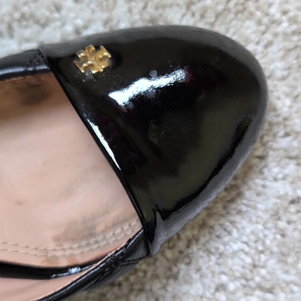 Tory Burch Claremont Black Patent Leather Quilted Wedges - Size 6.5